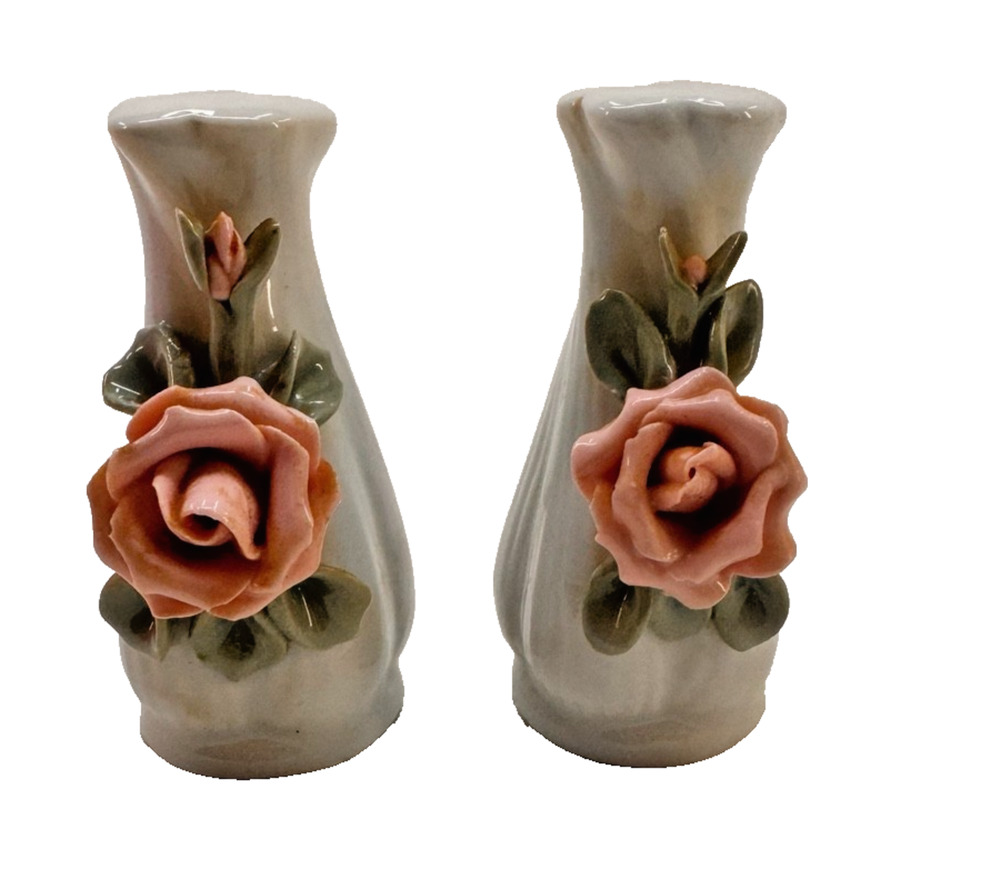 Vintage Pink Rose Salt Pepper Shakers Ceramic Floral Cottagecore Shabby Chic
